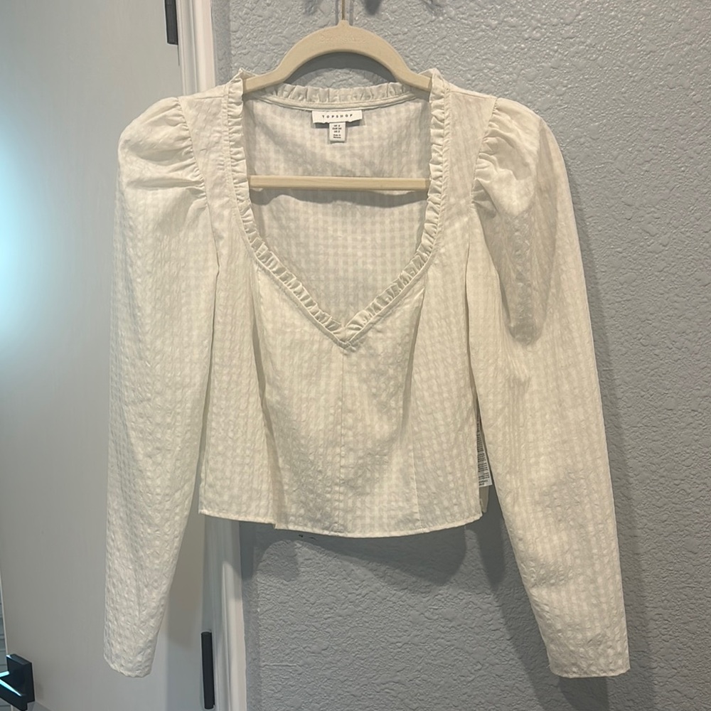 Topshop Cream Puff Sleeve Smocked Blouse